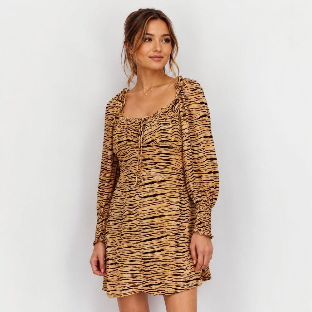 FAITHFULL THE BRAND‎ Womens Mini Dress 6 Boho Tiger Animal Print Smocked